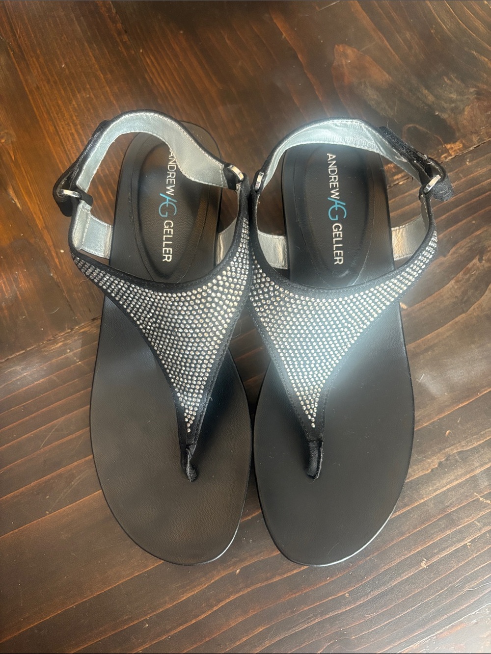 Andrew Geller Black Rhinestone T-Strap Sandals with Ankle Buckle